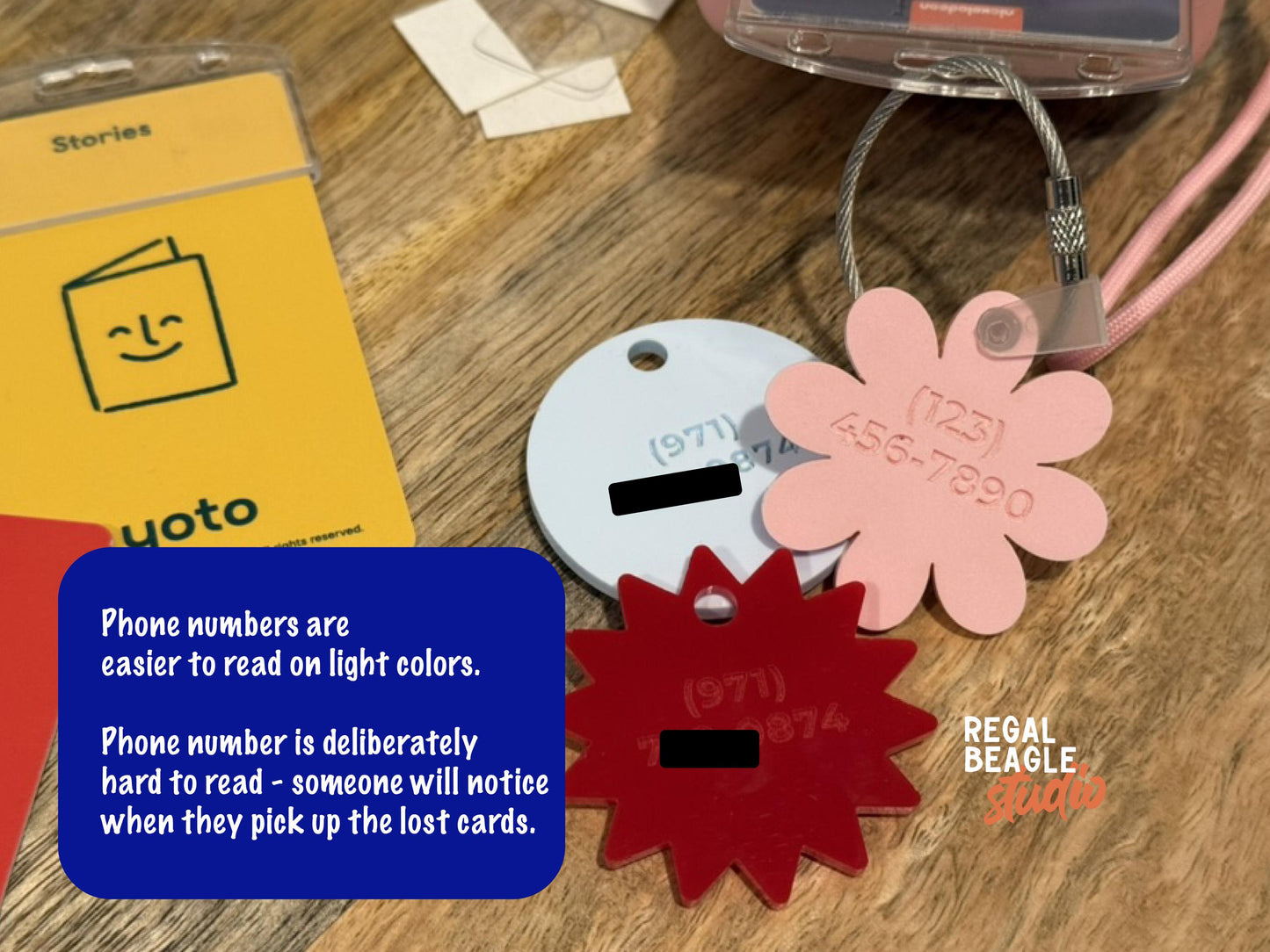 Initial Keychains, DAISY, SUNBURST or CIRCLE, Discrete Phone Number, Yoto Card Contact Info, Personalized Acrylic Name Tag, Lunch Box Tag